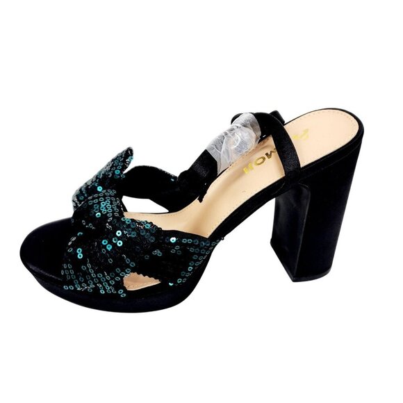Amoji Womens Sequin Bow High Heel Sandals Black/Green Size 38 /US 8 - Picture 1 of 16